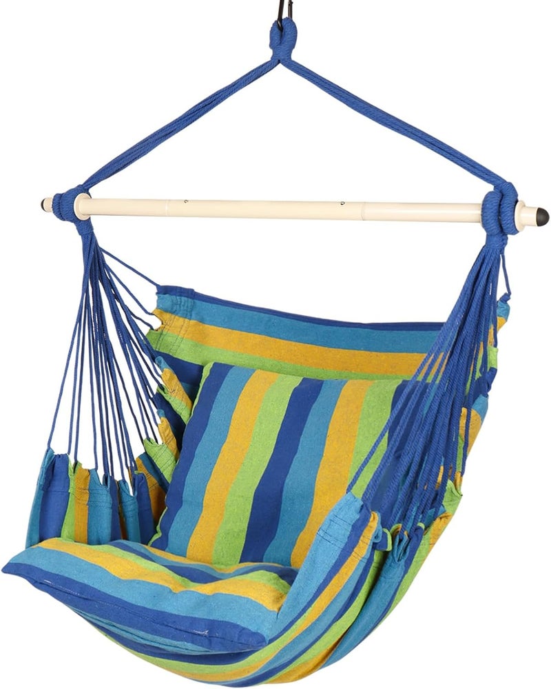 Highwild Hammock Chair Hanging Rope Swing - Max 500 Lbs - 2 Cushions Included - Steel Spreader Bar with Anti-Slip Rings - for Any Indoor or Outdoor Spaces (Blue Striped) - Image 1